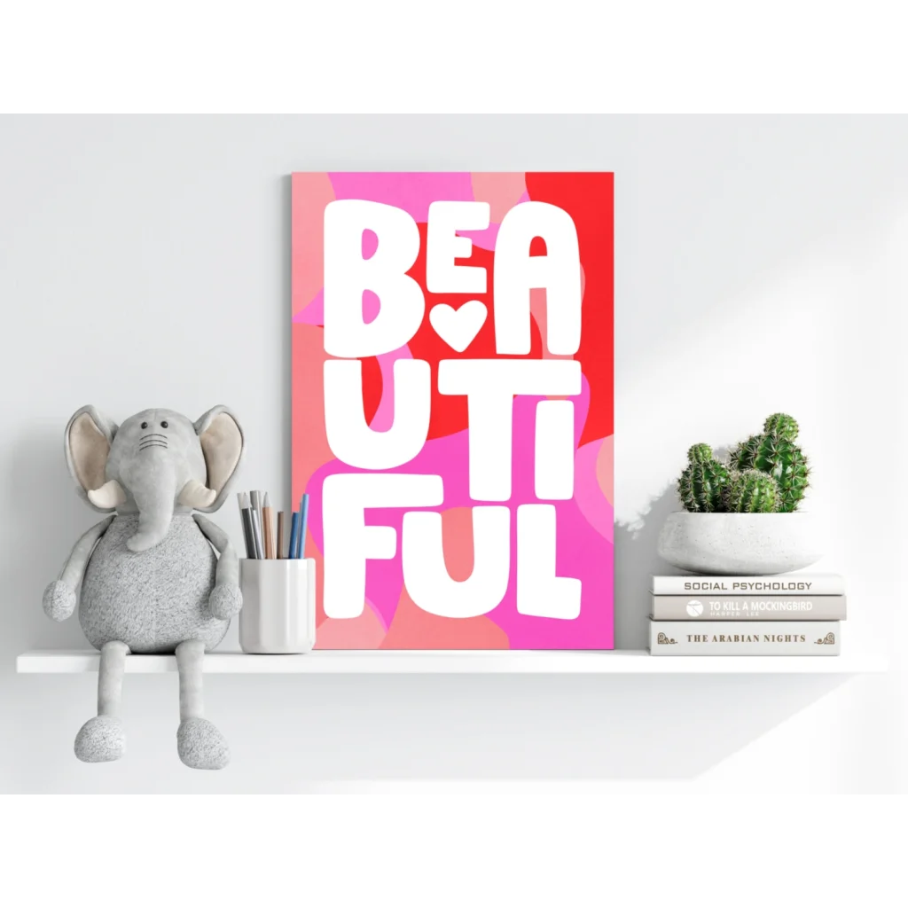 Vibrant pink red Beautiful Heart Canvas Print with bold white text and heart a