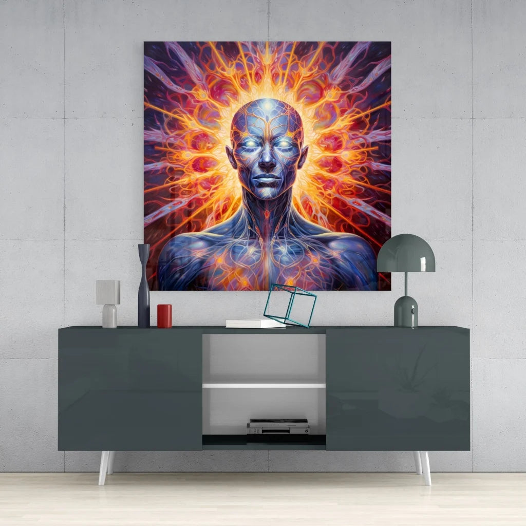 Vibrant tempered glass art of radiant human figure glowing blue and orange
