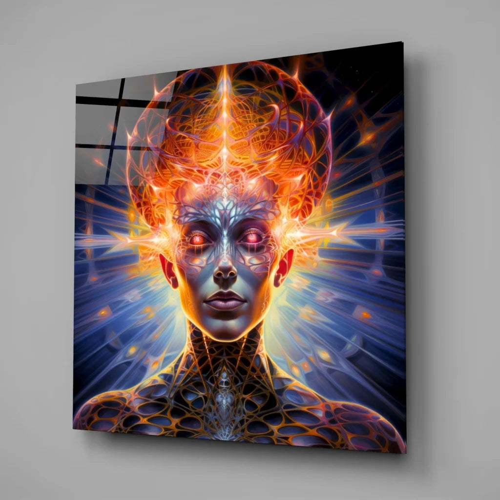 Futuristic tempered glass art with glowing orange blue energy swirls