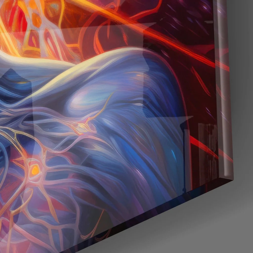 Vibrant tempered glass art with swirling blues and fiery orange glow