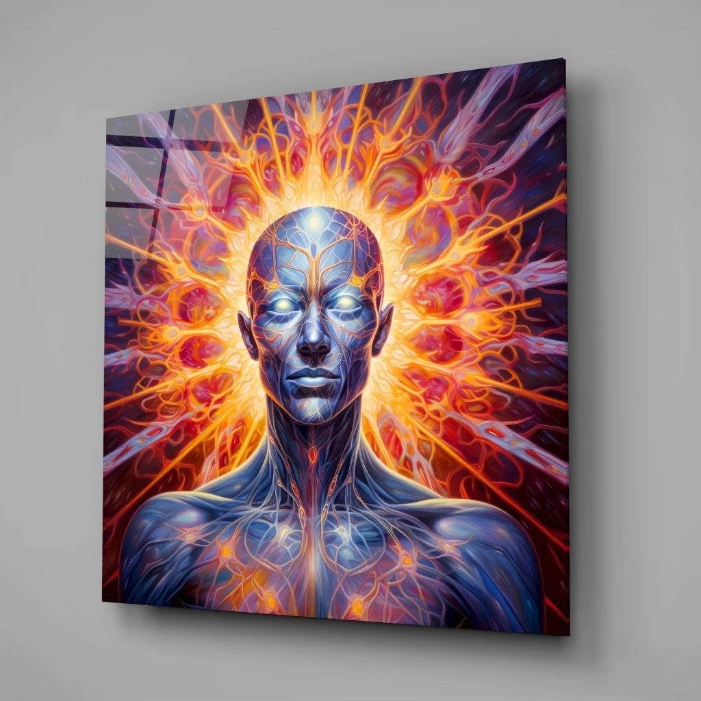 Vibrant blue-skinned figure in radiant tempered glass art with orange glow