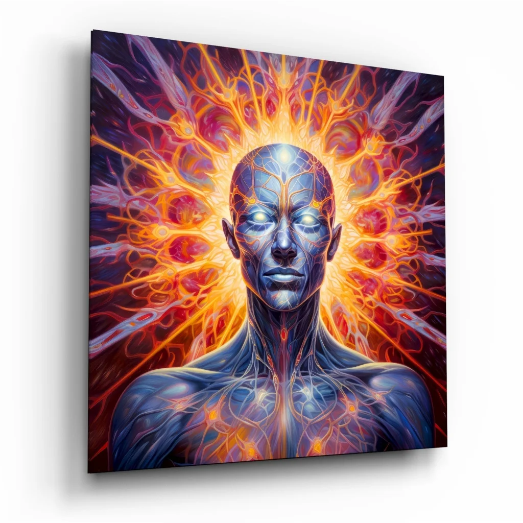 Glowing blue humanoid in radiant orange energy on tempered glass art