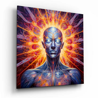 Glowing blue humanoid in radiant orange energy on tempered glass art