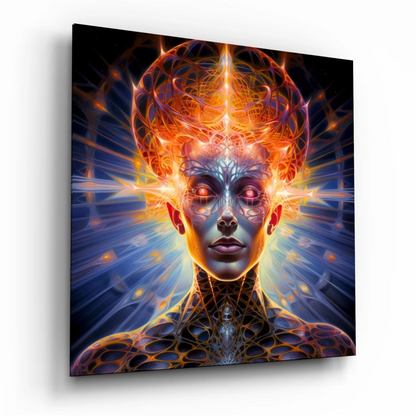 Surreal cosmic tempered glass art with glowing orange blue swirls