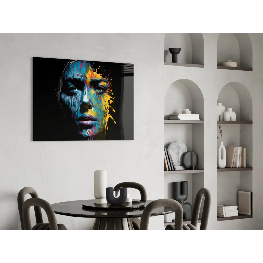 Vibrant abstract portrait canvas wall art with bold blue, yellow, orange paint splashes on black background