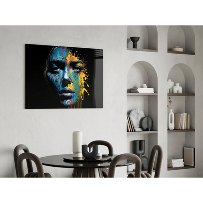 Vibrant abstract portrait canvas wall art with bold blue, yellow, orange paint splashes on black background