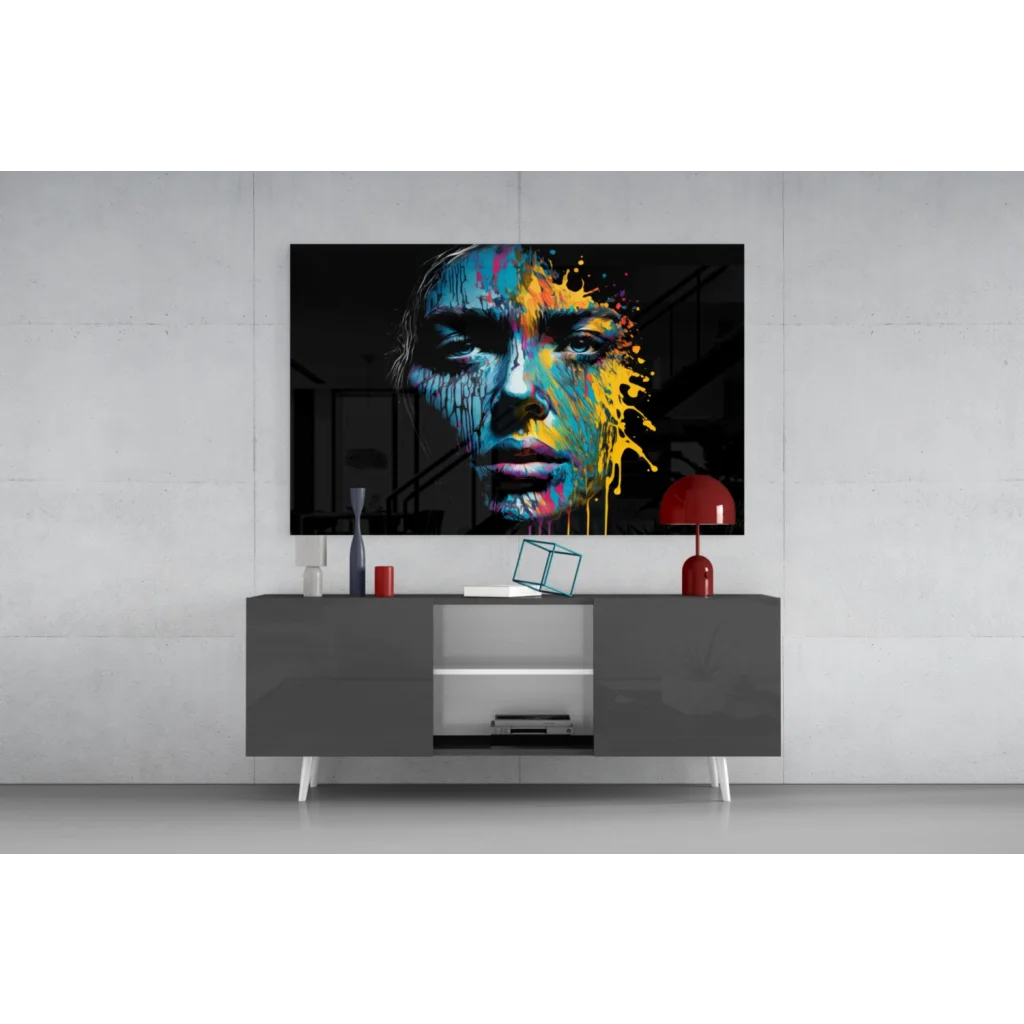 Vibrant abstract portrait canvas wall art with bold blue, yellow, purple paint splashes on black