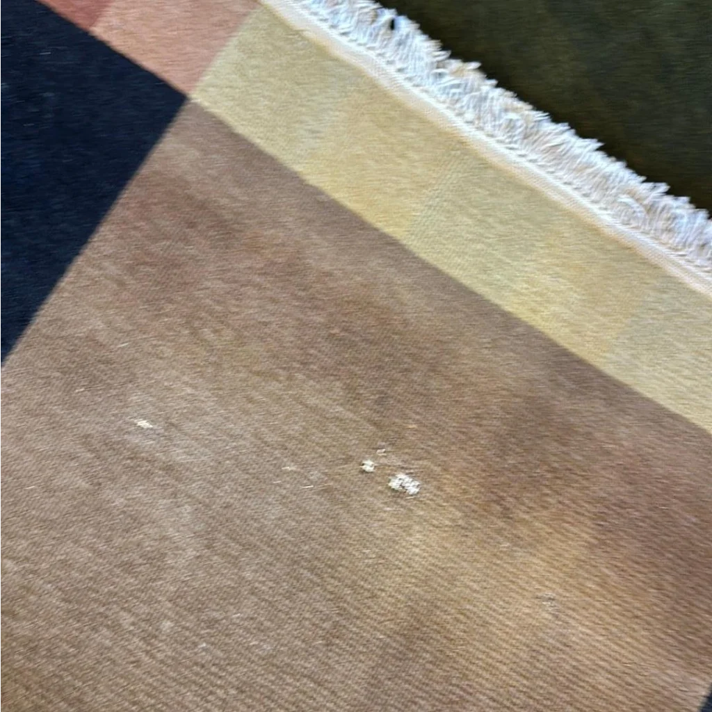 Beautifull hand knotted abstract area rug with brown weave, frayed white edge, bold colors