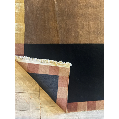 Hand-knotted abstract area rug India, brown and black geometric design with fringed edges, detail