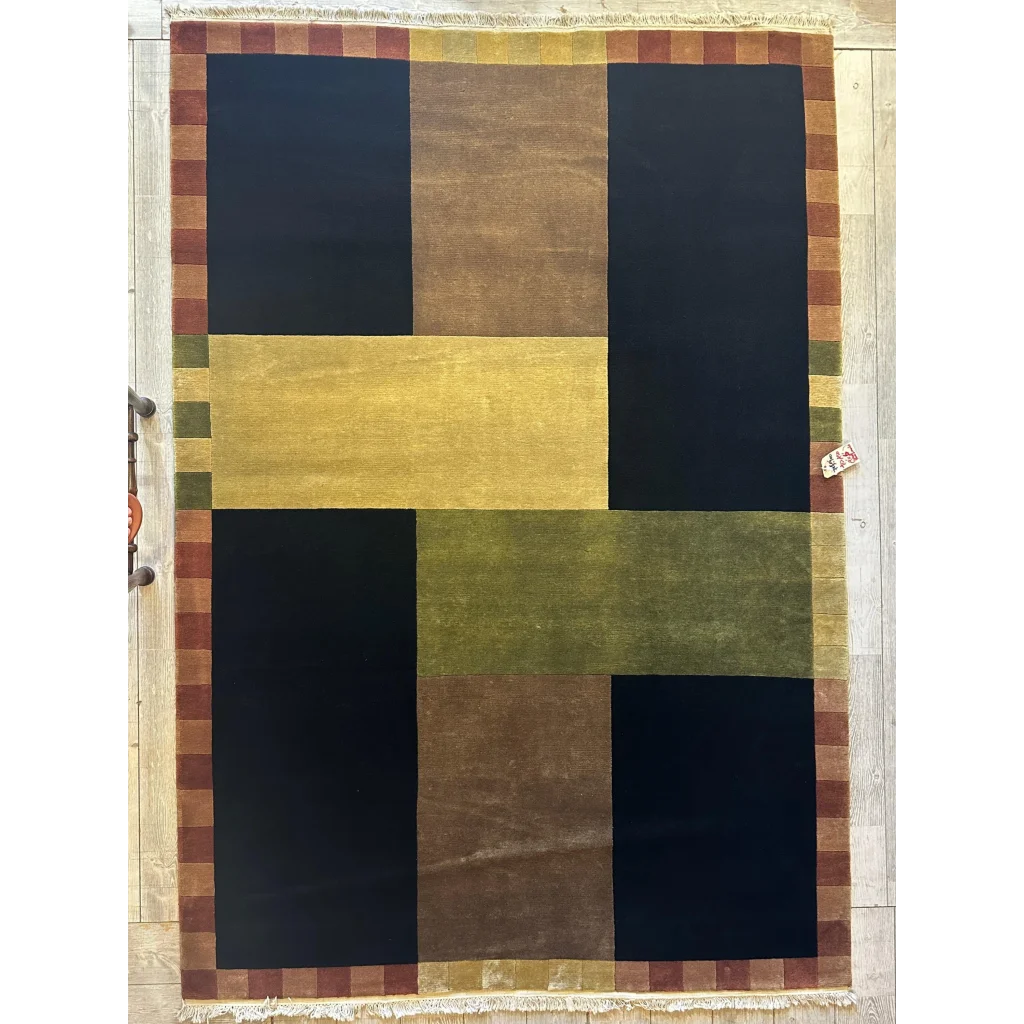 Hand-knotted abstract area rug, bold geometric colors in black mustard and olive, India, full view