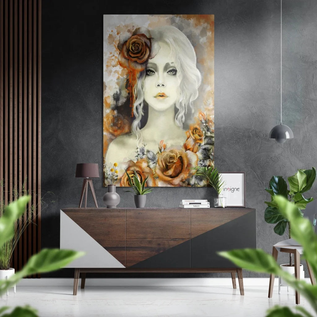 Stunning floral woman on brushed aluminium dibond canvas print