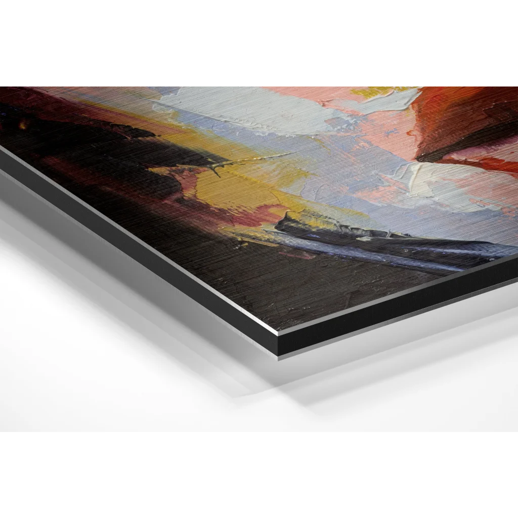 Vibrant abstract art on brushed aluminium dibond with bold red strokes