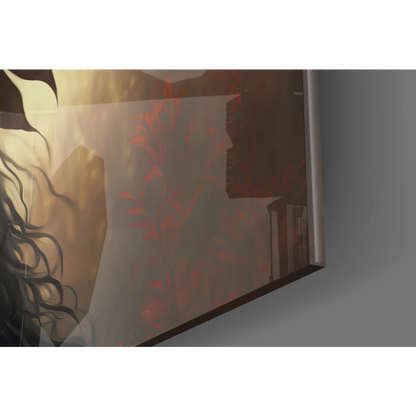Stylized figure in glass wall art print with red splatters