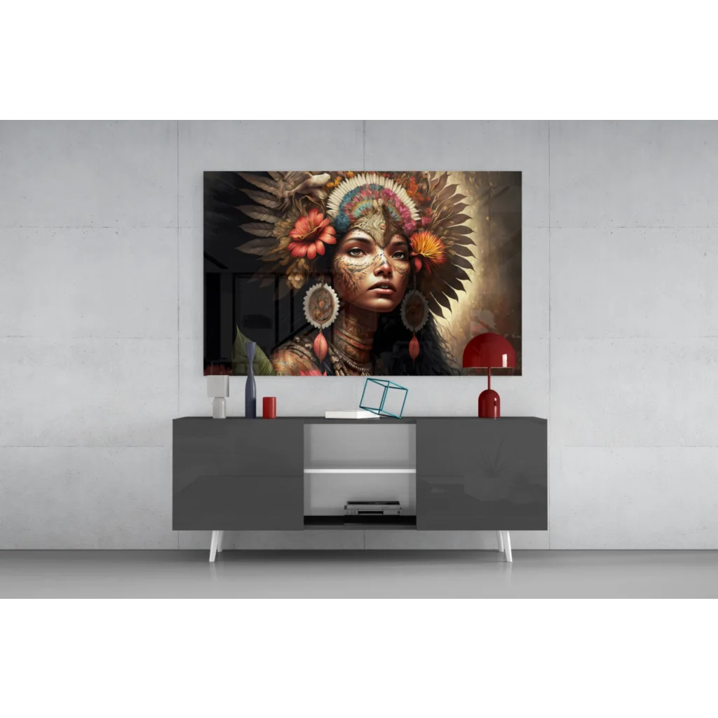 Vibrant glass wall art portrait of woman in colorful feathers and floral headdress