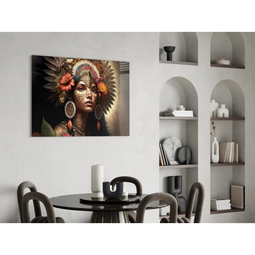 Vibrant glass wall art portrait of woman in feathered headdress