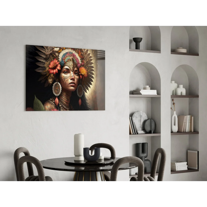 Vibrant glass wall art portrait of woman in feathered headdress