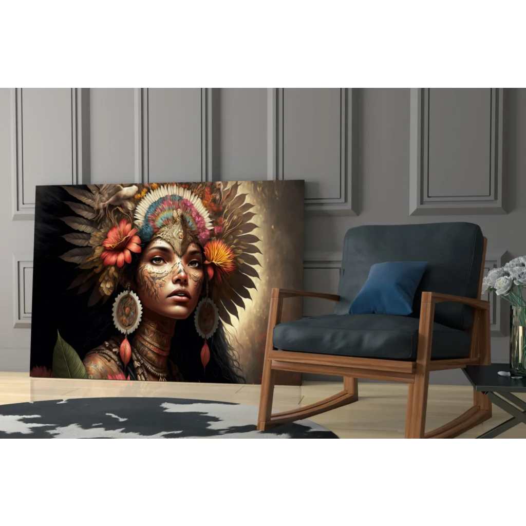 Vibrant glass wall art portrait of woman in colorful feather headdress