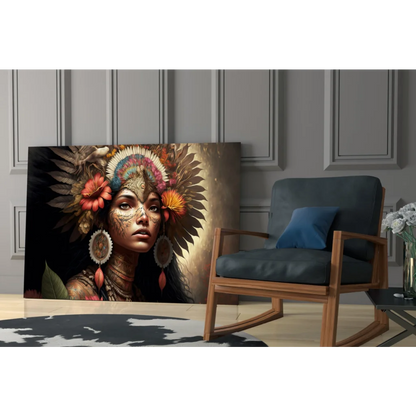 Vibrant glass wall art portrait of woman in colorful feather headdress