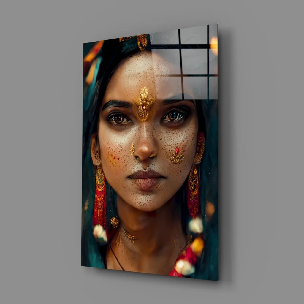 Stunning Glass Wall Art Portrait with Gold Jewelry and Florals | Glass Wall Art Print | vintageantiquesgifts.com