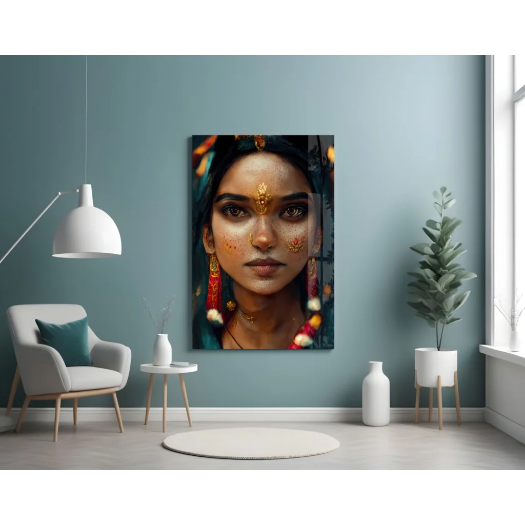 Stunning Glass Wall Art Portrait with Gold Jewelry and Florals | Contemporary Home Wall Art | vintageantiquesgifts.com