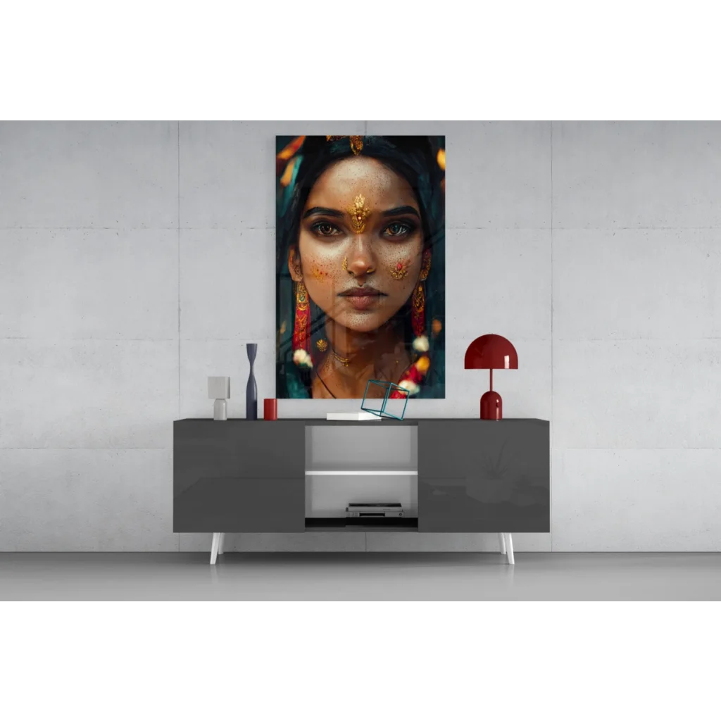 Vibrant glass wall art portrait of woman with gold jewelry and florals
