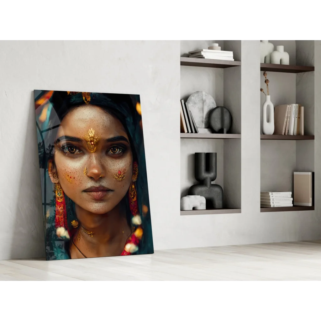 Vibrant glass wall art portrait of woman in gold jewelry and florals