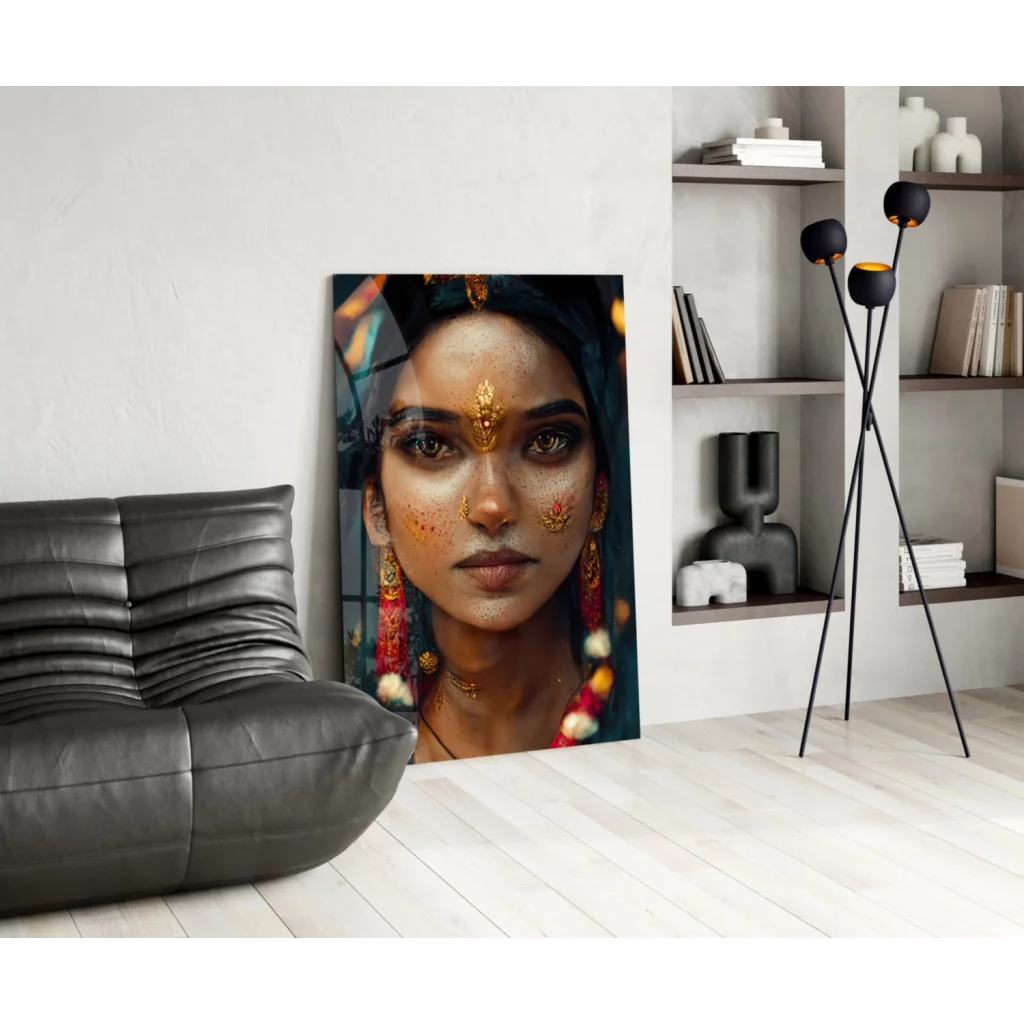 Vibrant glass wall art portrait of woman in gold jewelry and colorful attire
