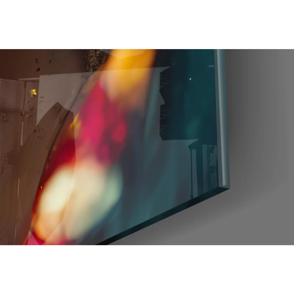 Stunning glass wall art portrait of sleek flat-screen TV with vibrant blurred colors