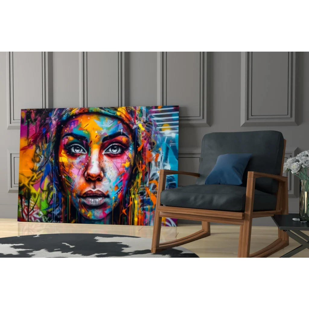 Vibrant abstract woman portrait canvas wall art with expressive eyes
