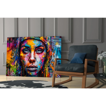 Vibrant abstract woman portrait canvas wall art with expressive eyes
