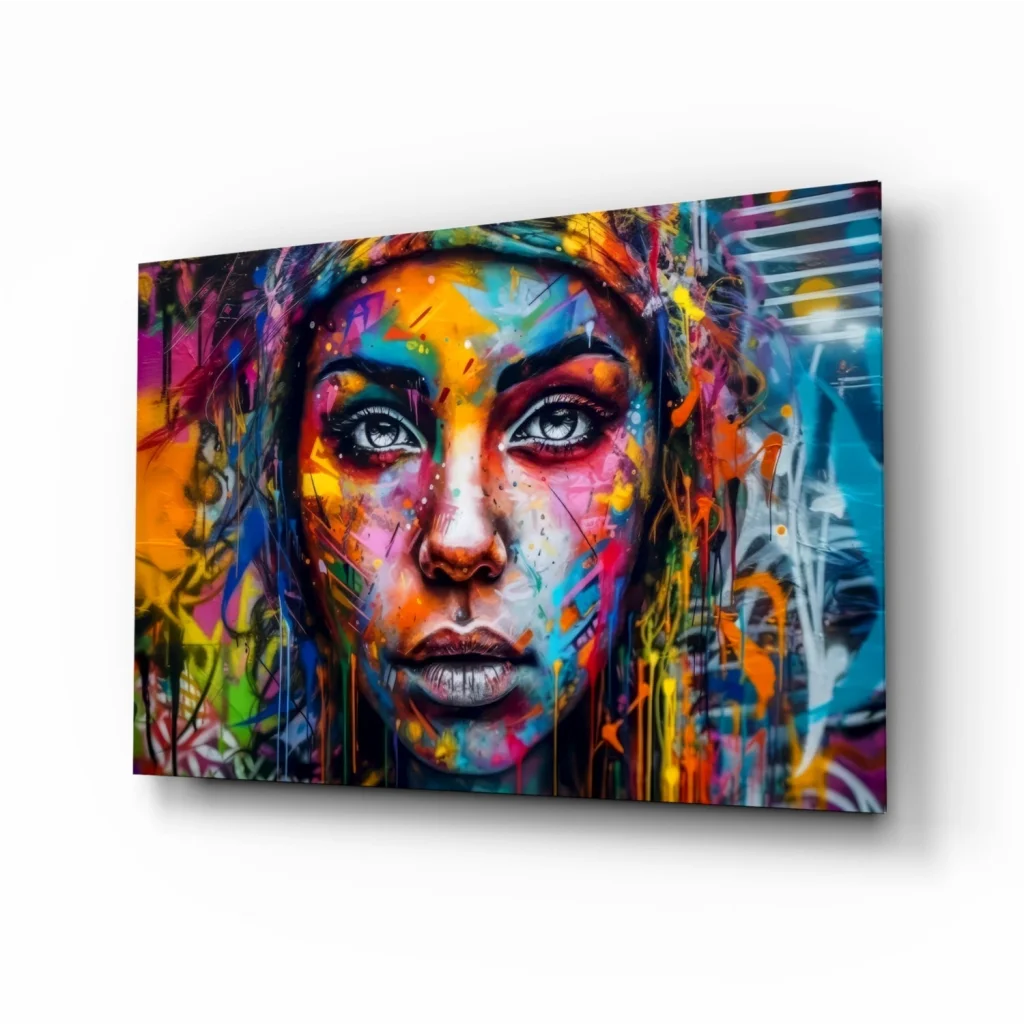 Vibrant graffiti woman portrait canvas wall art with expressive eyes