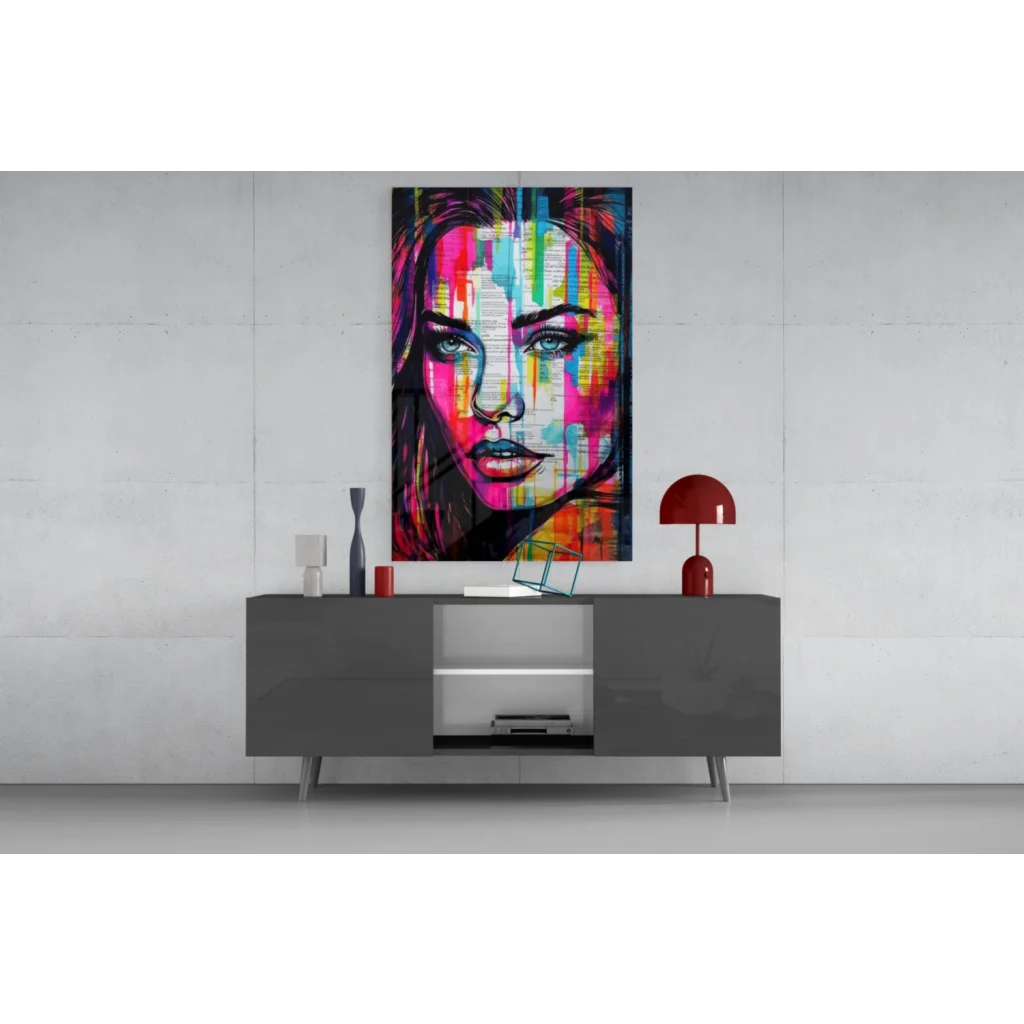 Vibrant colorful dripping portrait glass wall art of womans face