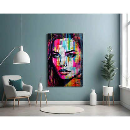 Vibrant colorful dripping portrait glass wall art of womans face