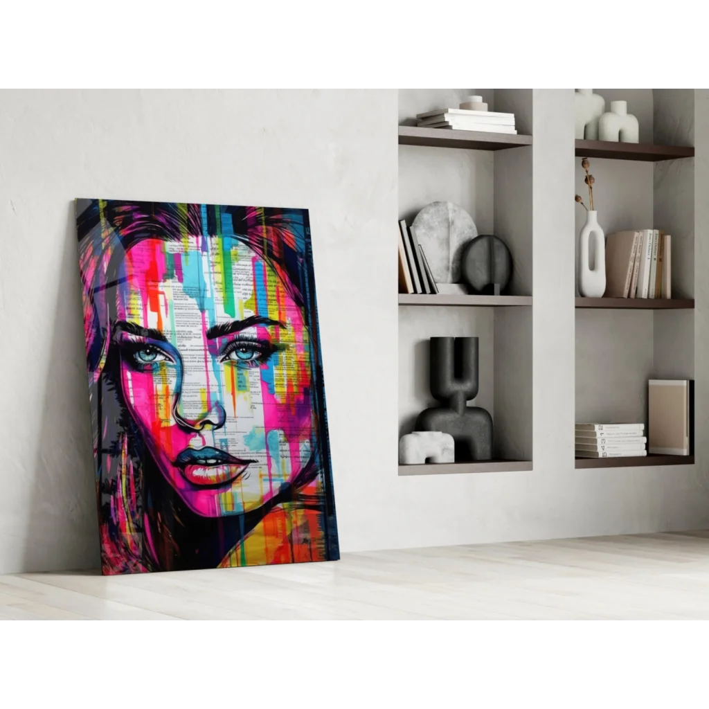 Vibrant pop-art woman portrait on colorful dripping glass wall art canvas
