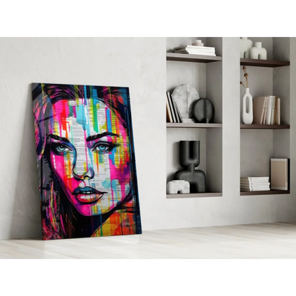 Vibrant pop-art woman portrait on colorful dripping glass wall art canvas