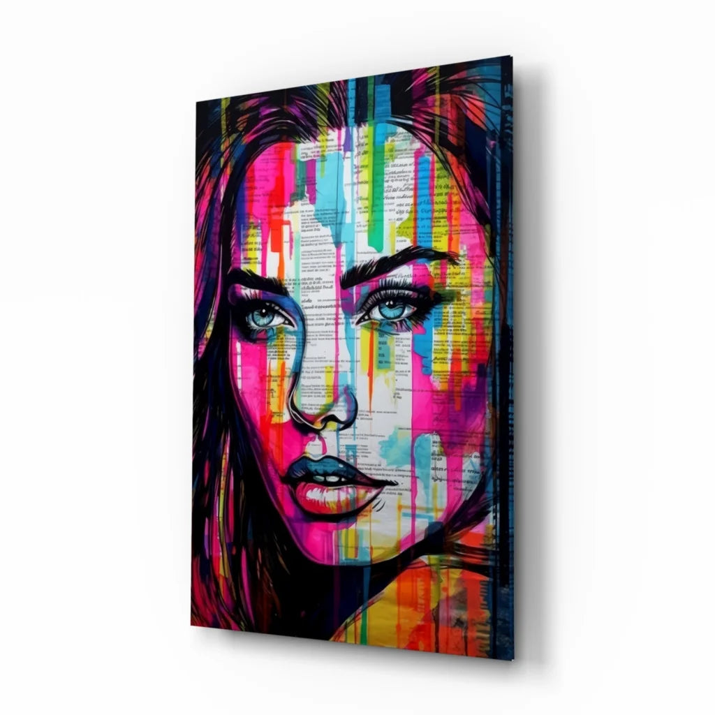 Vibrant rainbow dripping woman portrait glass wall art canvas print