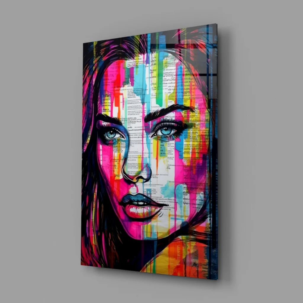 Vibrant abstract woman portrait glass wall art with colorful paint drips