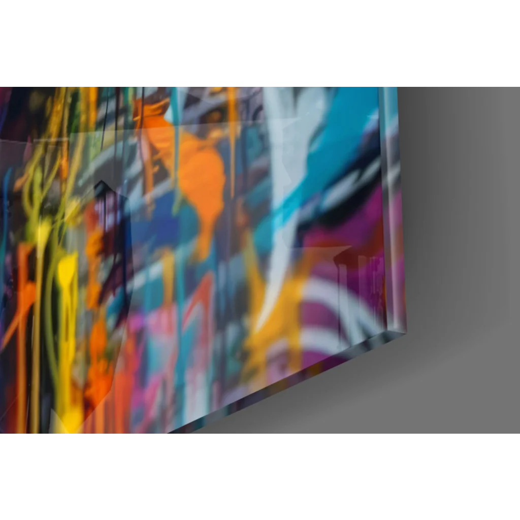 Vibrant graffiti acrylic wall art panel with bold yellow, orange, blue, purple streaks and expressive eyes