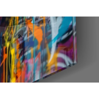 Vibrant graffiti acrylic wall art panel with bold yellow, orange, blue, purple streaks and expressive eyes