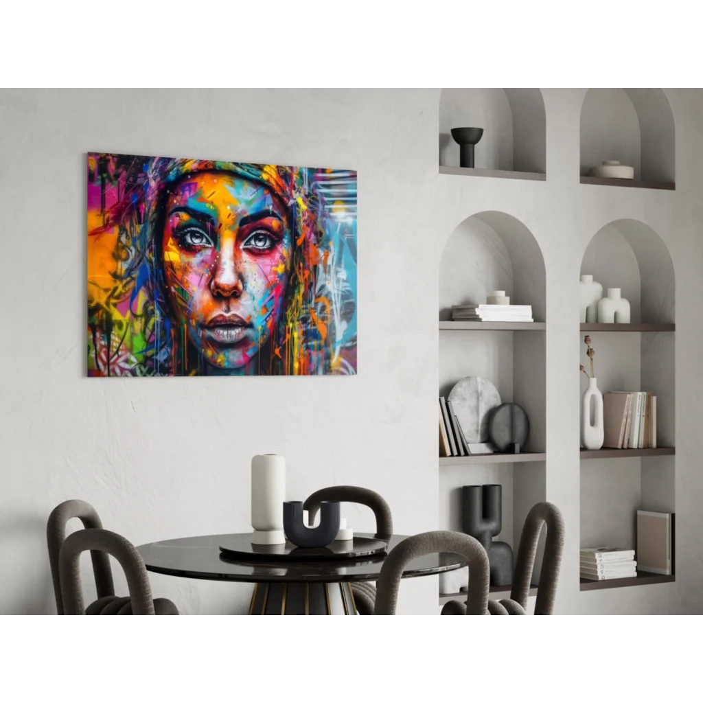 Vibrant abstract portrait wall art canvas of womans face with bold colorful splashes