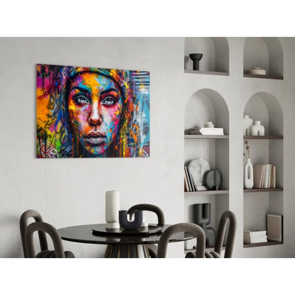 Vibrant abstract portrait wall art canvas of womans face with bold colorful splashes