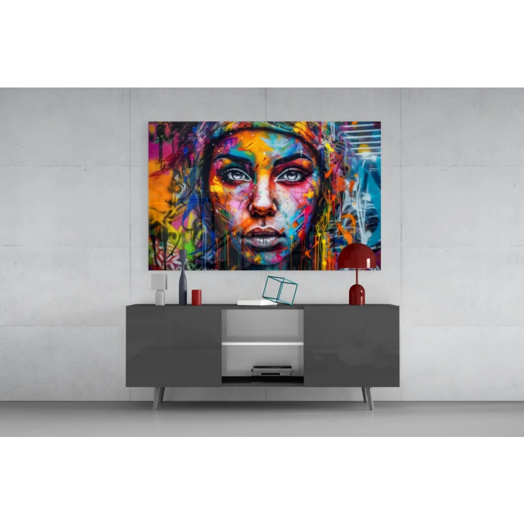 Vibrant graffiti woman portrait canvas wall art with expressive eyes