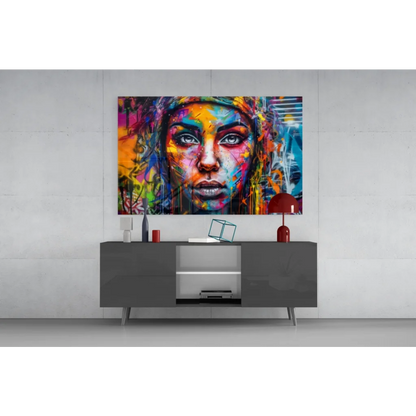 Vibrant graffiti woman portrait canvas wall art with expressive eyes