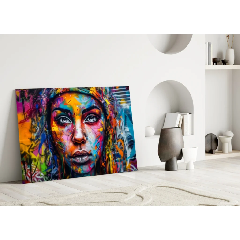 Vibrant abstract woman portrait wall art canvas with bold splattered colors and expressive eyes
