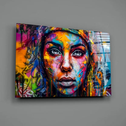 Vibrant abstract woman portrait wall art canvas with bold splattered colors and expressive eyes