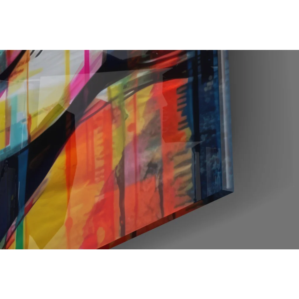 Vibrant abstract glass wall art canvas print with bold colorful streaks