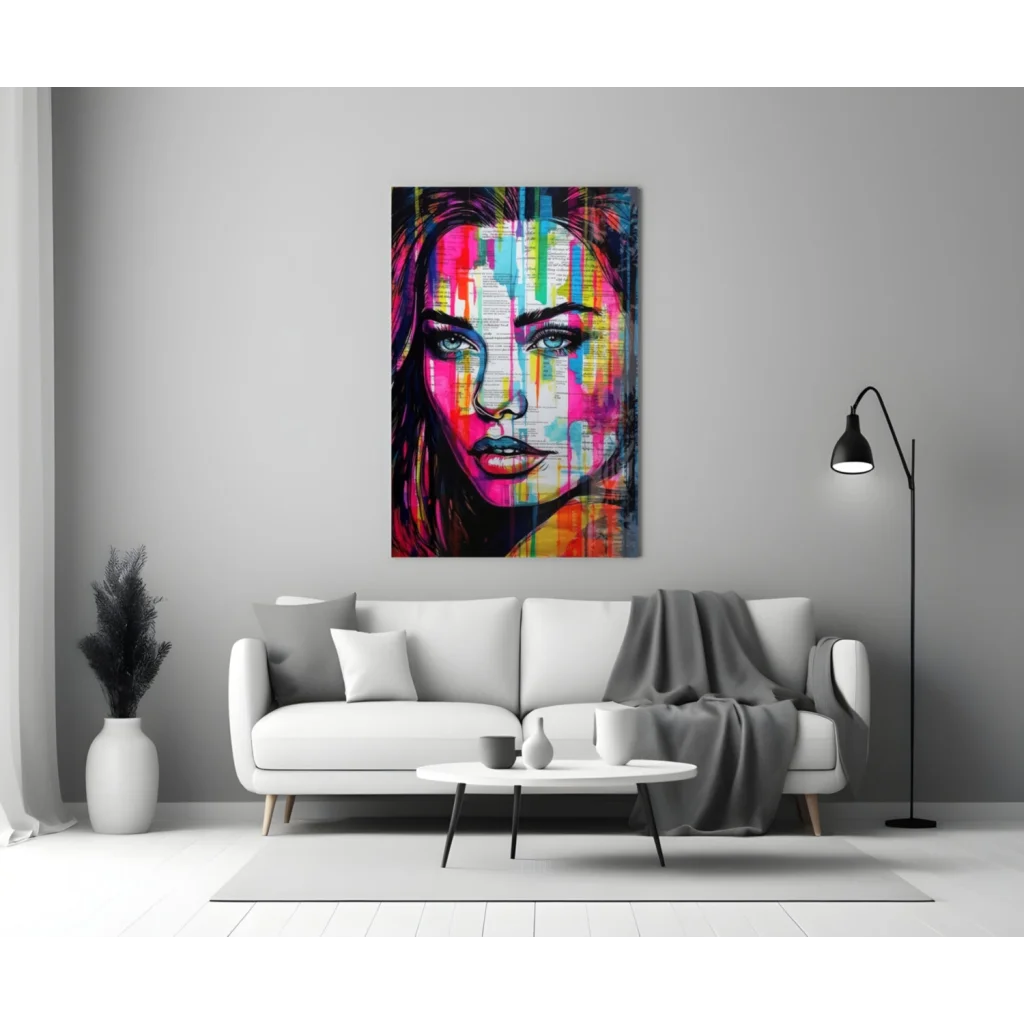 Vibrant colorful dripping portrait glass wall art of womans face