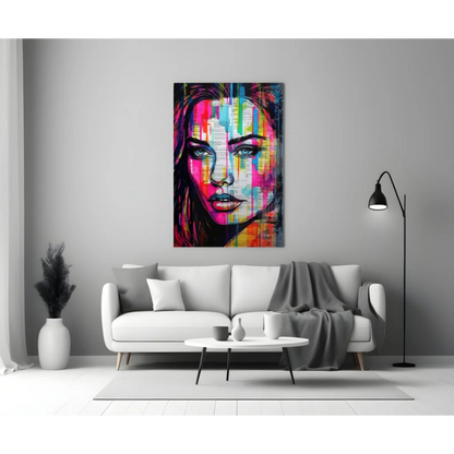 Vibrant colorful dripping portrait glass wall art of womans face