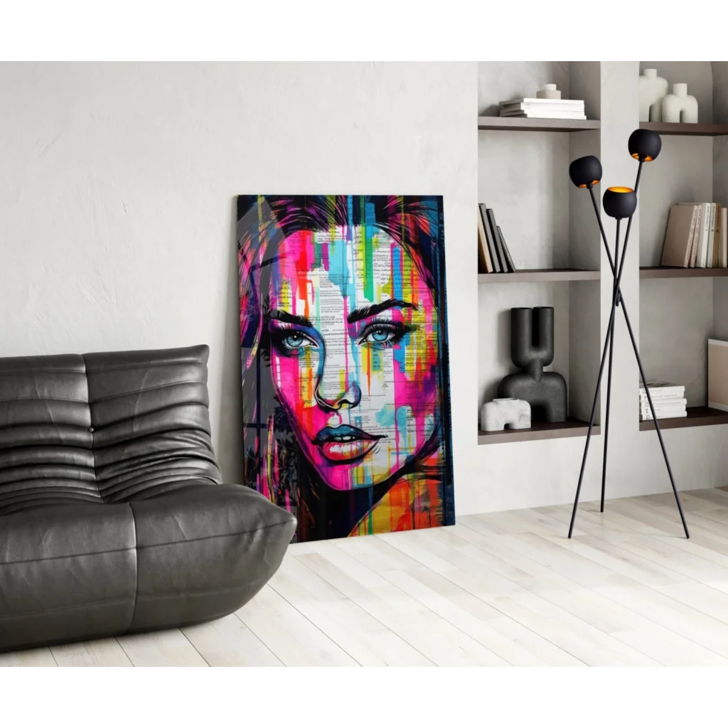 Vibrant colorful dripping portrait glass wall art canvas print of womans face