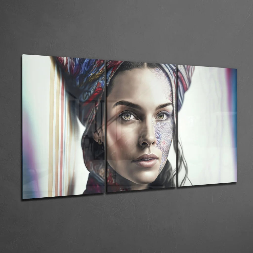 Stunning African woman with tattoos in glass wall art triptych canvas